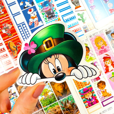 St. Patrick's Day Peeking Miss Mouse Easy Peel Premium Vinyl Die Cut Sticker