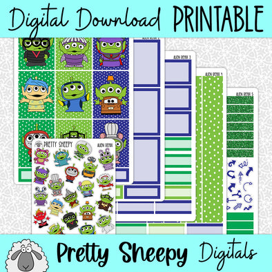 Alien Remix Printable Planner Stickers PNG Digital Download Weekly Vertical Kit