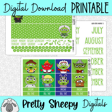 Alien Remix Printable Planner Stickers PNG Digital Download Monthly Kit