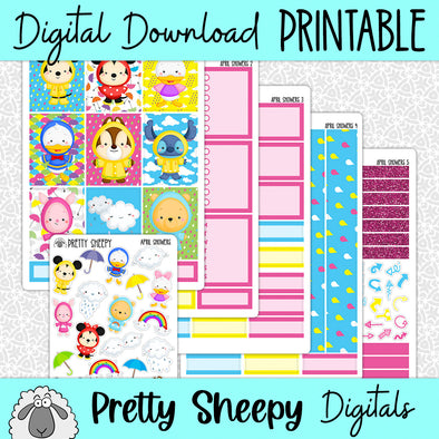April Showers Printable Planner Stickers PNG Digital Download Weekly Vertical Kit