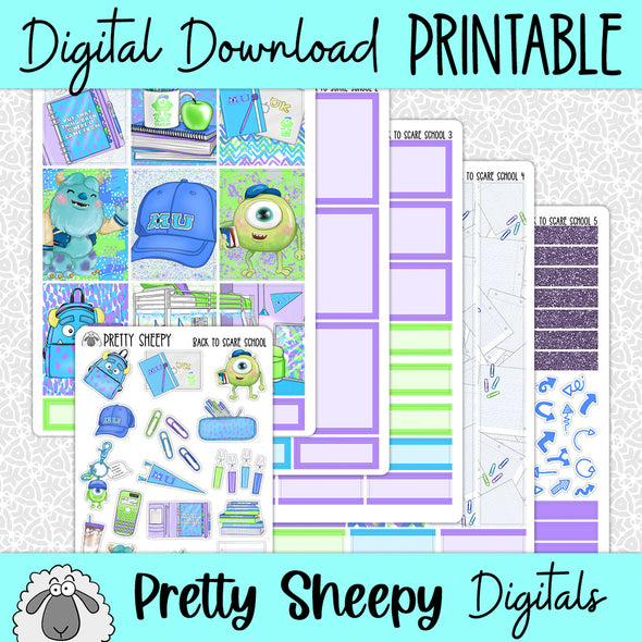 Back to Scare School Printable Planner Stickers PNG Digital Download Weekly Vertical Kit