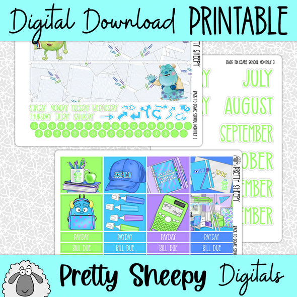 Back to Scare School Printable Planner Stickers PNG Digital Download Monthly Kit