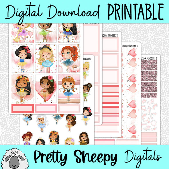 Ballerina Princesses Printable Planner Stickers PNG Digital Download Weekly Vertical Kit