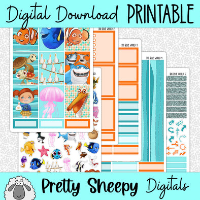 Big Blue World Printable Planner Stickers PNG Digital Download Weekly Vertical Kit
