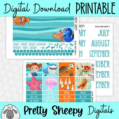 Big Blue World Printable Planner Stickers PNG Digital Download Monthly Kit