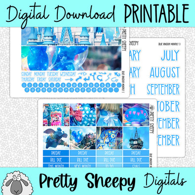 Blue Kingdom Printable Planner Stickers PNG Digital Download Monthly Kit