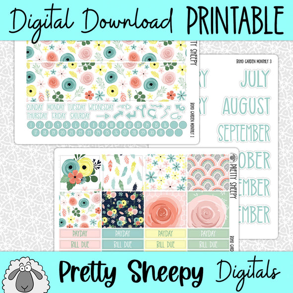 Boho Garden Printable Planner Stickers PNG Digital Download Monthly Kit