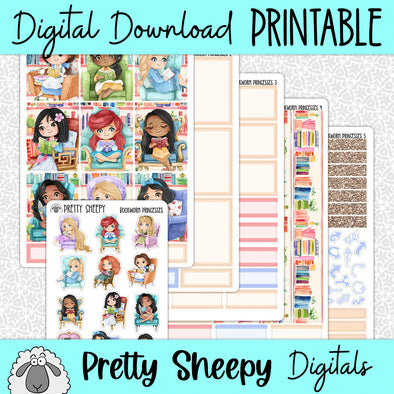 Bookworm Princesses Printable Planner Stickers PNG Digital Download Weekly Vertical Kit