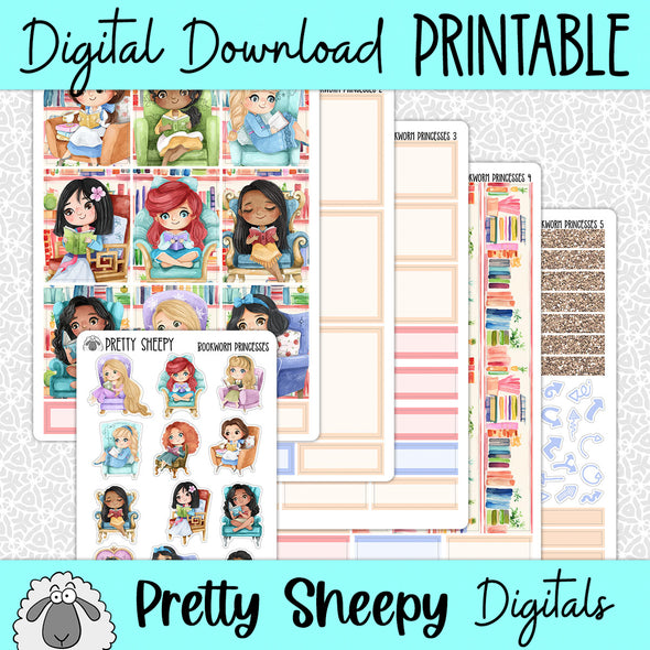 Bookworm Princesses Printable Planner Stickers PNG Digital Download Weekly Vertical Kit