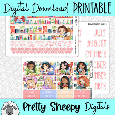 Bookworm Printable Princesses Planner Stickers PNG Digital Download Monthly Kit