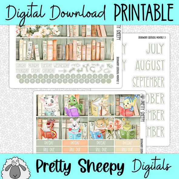 Bookworm Sidekicks Printable Planner Stickers PNG Digital Download Monthly Kit