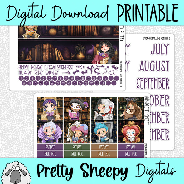 Bookworm Villains Printable Planner Stickers PNG Digital Download Monthly Kit