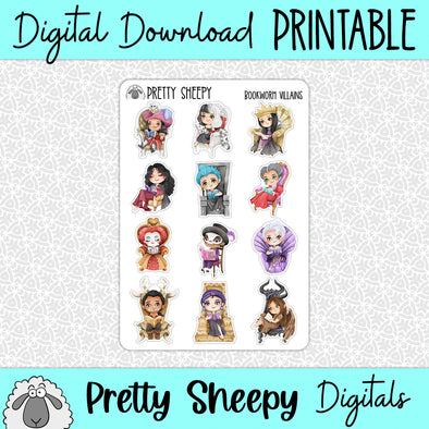 Bookworm Villains Printable Stickers PNG Digital Download