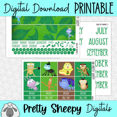 Bugs Life Printable Planner Stickers PNG Digital Download Monthly Kit