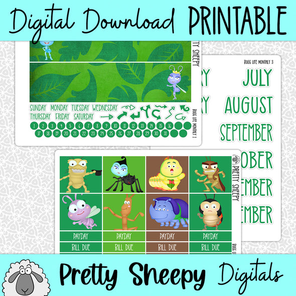 Bugs Life Printable Planner Stickers PNG Digital Download Monthly Kit