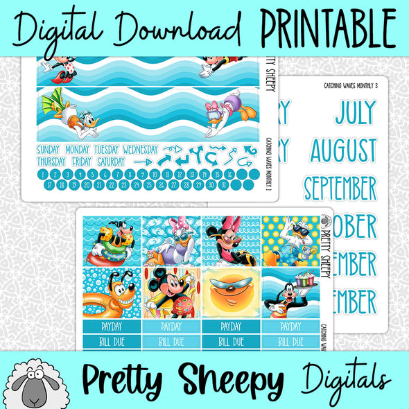 Catching Waves Printable Planner Stickers PNG Digital Download Monthly Kit