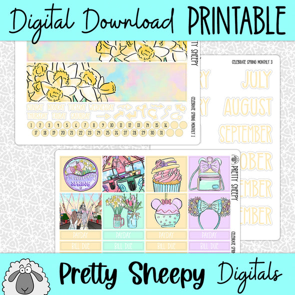 Celebrate Spring Printable Planner Stickers PNG Digital Download Monthly Kit