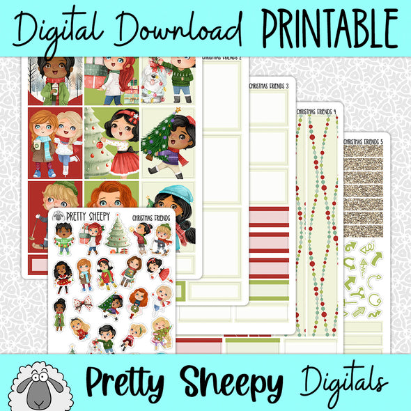 Christmas Friends Printable Planner Stickers PNG Digital Download Weekly Vertical Kit