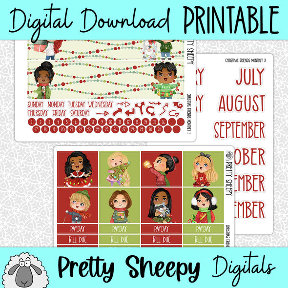 Christmas Friends Printable Planner Stickers PNG Digital Download Monthly Kit