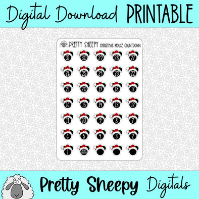 Christmas Mouse Countdown Printable Stickers PNG Digital Download