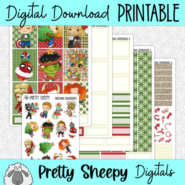 Christmas Superheroes Printable Planner Stickers PNG Digital Download Weekly Vertical Kit