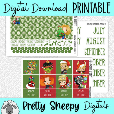 Christmas Superheroes Printable Planner Stickers PNG Digital Download Monthly Kit