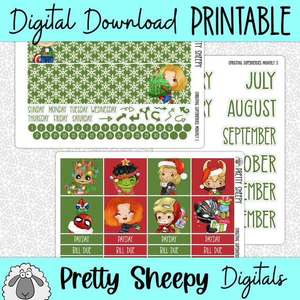 Christmas Superheroes Printable Planner Stickers PNG Digital Download Monthly Kit