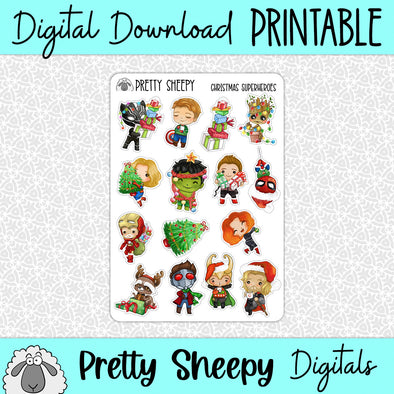 Christmas Superheroes Printable Stickers PNG Digital Download