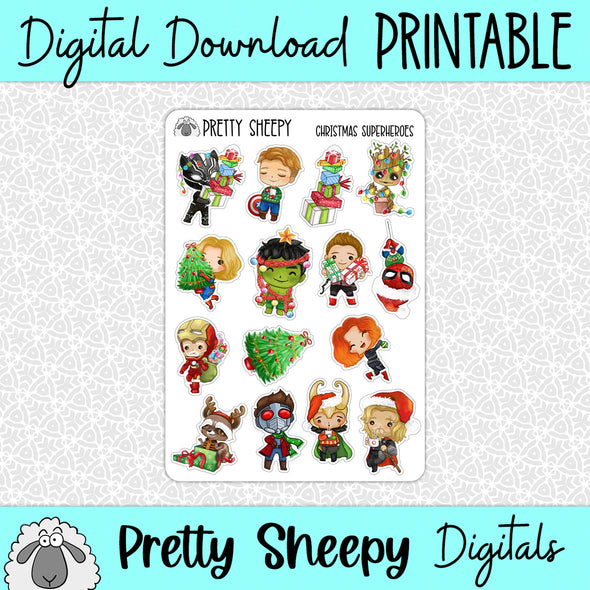 Christmas Superheroes Printable Stickers PNG Digital Download