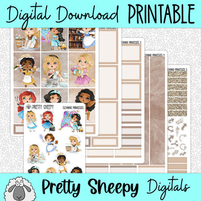 Cleaning Princesses Printable Planner Stickers PNG Digital Download Weekly Vertical Kit