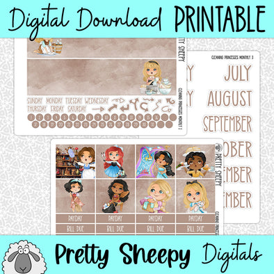 Cleaning Princesses Printable Planner Stickers PNG Digital Download Monthly Kit