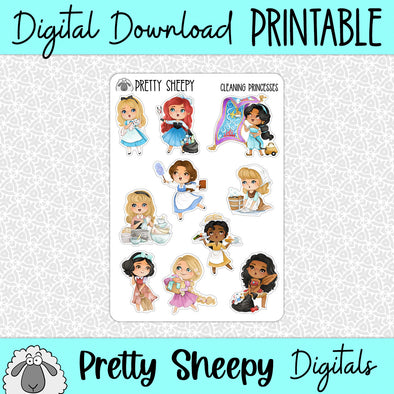 Cleaning Princesses Printable Stickers PNG Digital Download