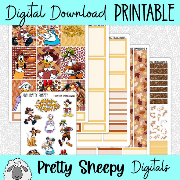 Clubhouse Thanksgiving Printable Planner Stickers PNG Digital Download Weekly Vertical Kit