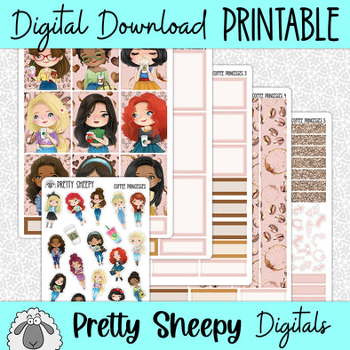Coffee Princesses Printable Planner Stickers PNG Digital Download Weekly Vertical Kit