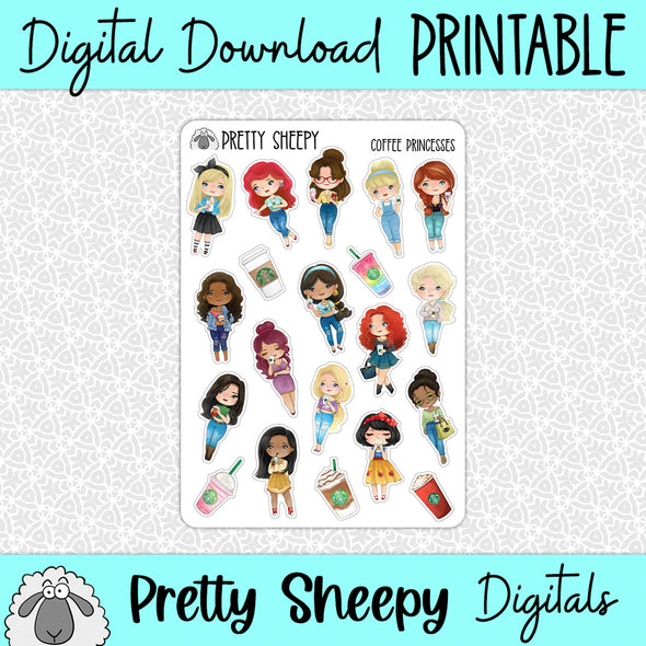 Coffee Princesses Printable Stickers PNG Digital Download