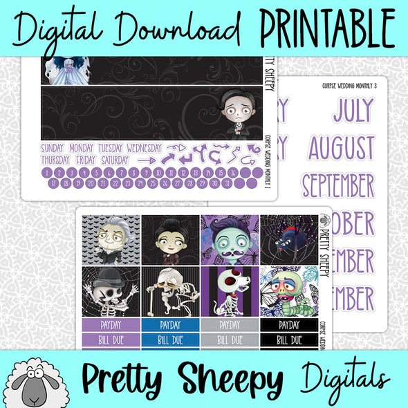 Corpse Wedding Printable Planner Stickers PNG Digital Download Monthly Kit