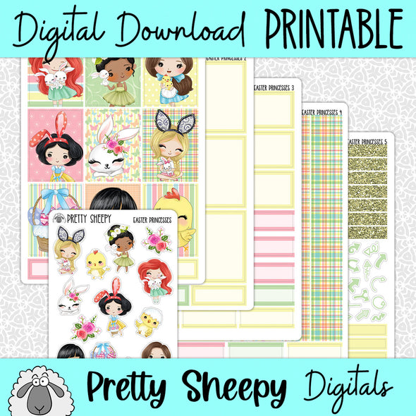 Easter Princesses Printable Planner Stickers PNG Digital Download Weekly Vertical Kit