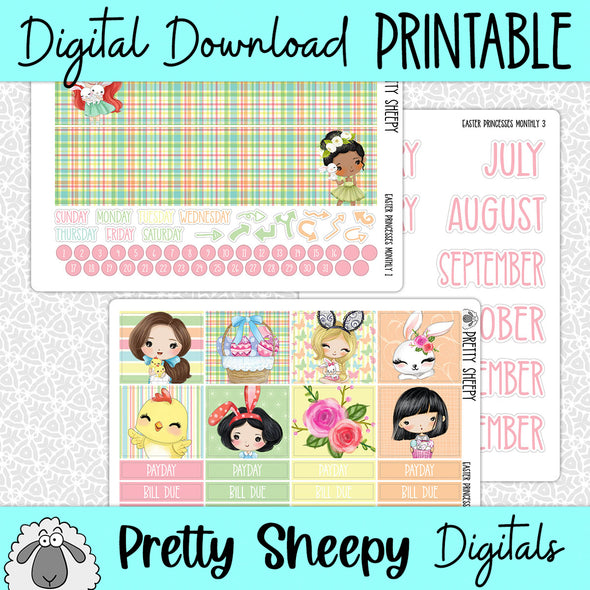 Easter Princesses Printable Planner Stickers PNG Digital Download Monthly Kit