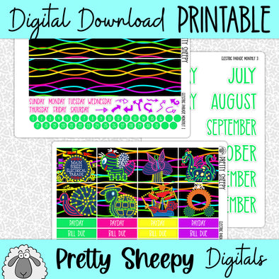 Electric Parade Printable Planner Stickers PNG Digital Download Monthly Kit