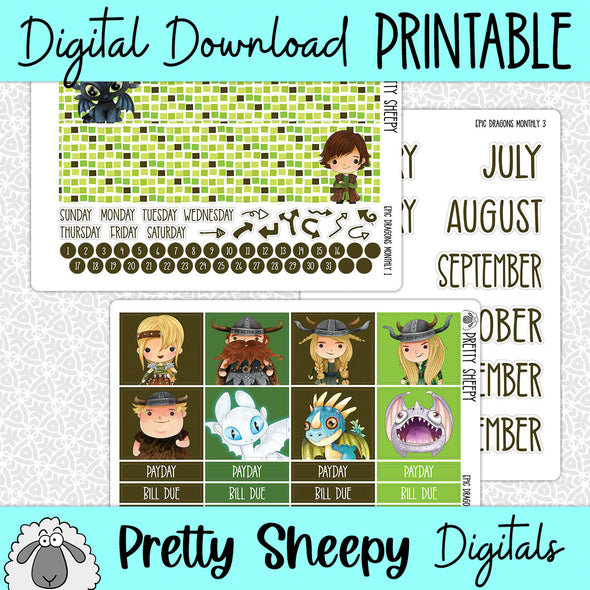 Epic Dragons Printable Planner Stickers PNG Digital Download Monthly Kit