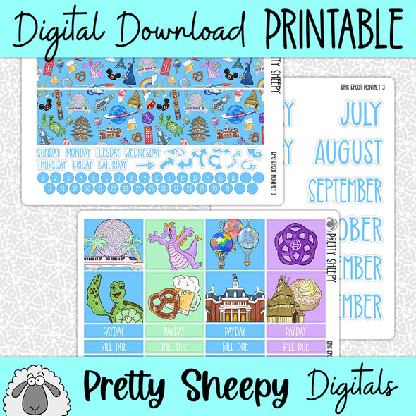 Epic Epcot Printable Planner Stickers PNG Digital Download Monthly Kit