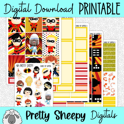 Family of Supers Printable Planner Stickers PNG Digital Download Weekly Vertical Kit