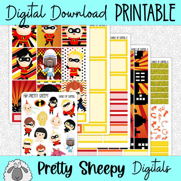 Family of Supers Printable Planner Stickers PNG Digital Download Weekly Vertical Kit