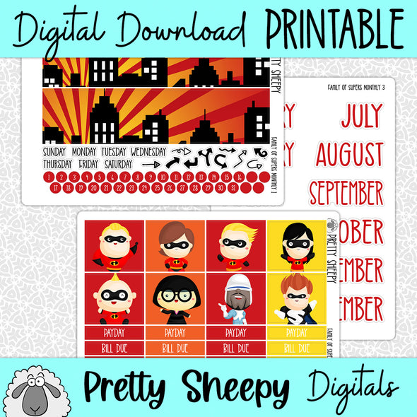 Family of Supers Printable Planner Stickers PNG Digital Download Monthly Kit