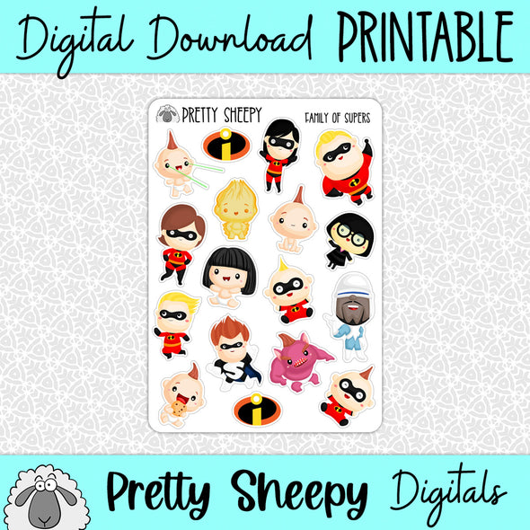 Family of Supers Printable Stickers PNG Digital Download
