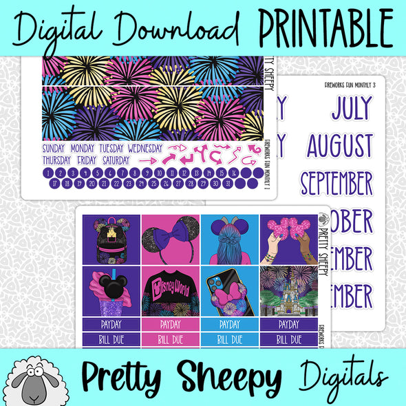 Fireworks Fun Printable Planner Stickers PNG Digital Download Monthly Kit