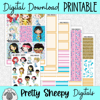 Fitness Princesses Printable Planner Stickers PNG Digital Download Weekly Vertical Kit