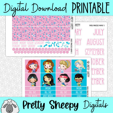 Fitness Princesses Printable Planner Stickers PNG Digital Download Monthly Kit
