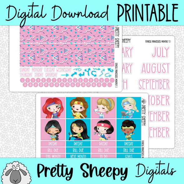 Fitness Princesses Printable Planner Stickers PNG Digital Download Monthly Kit
