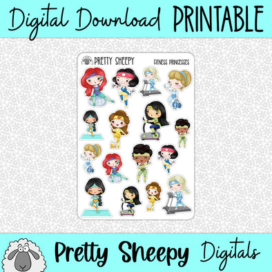 Fitness Princesses Printable Stickers PNG Digital Download